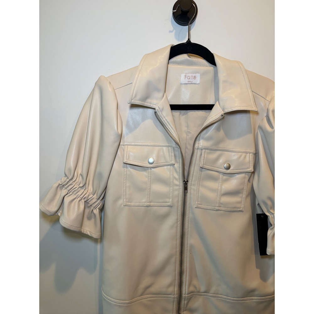 Fate Faux Leather Puff Sleeve Jacket Ivory Cream Zip Up Ruffle Small RN131468 - Picture 4 of 9